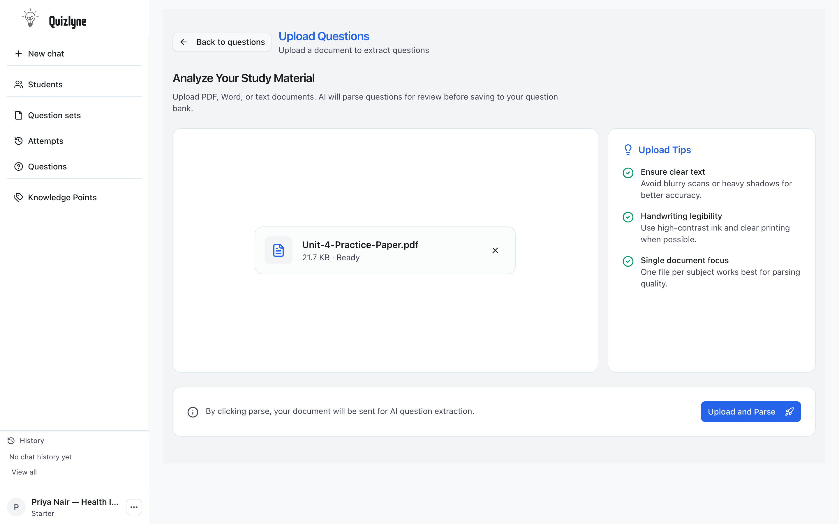 The question scan screen with a practice paper staged for upload