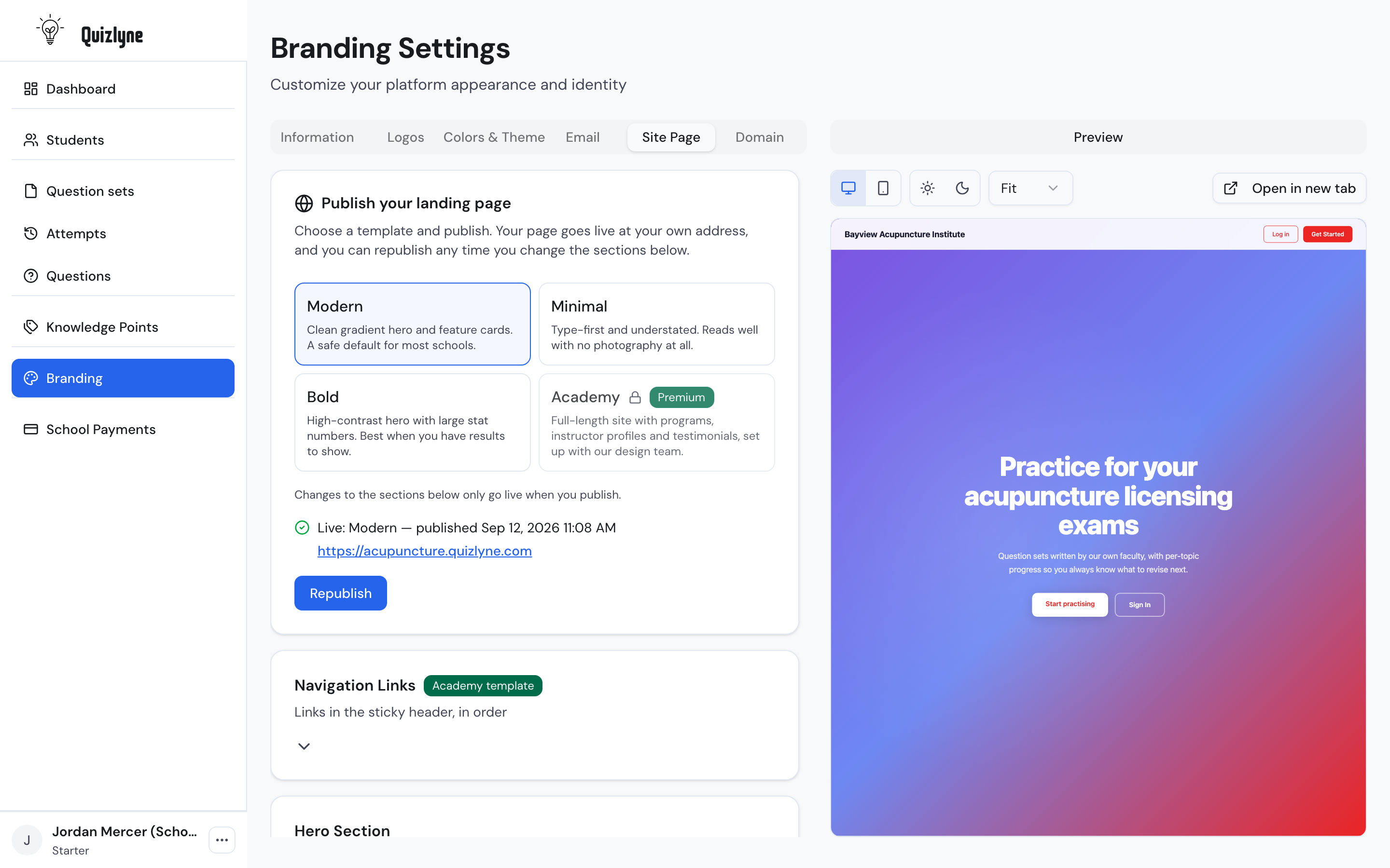 The branding settings screen with the Site Page tab open, a template picker, the published address, and a live preview of the school's landing page under its own name
