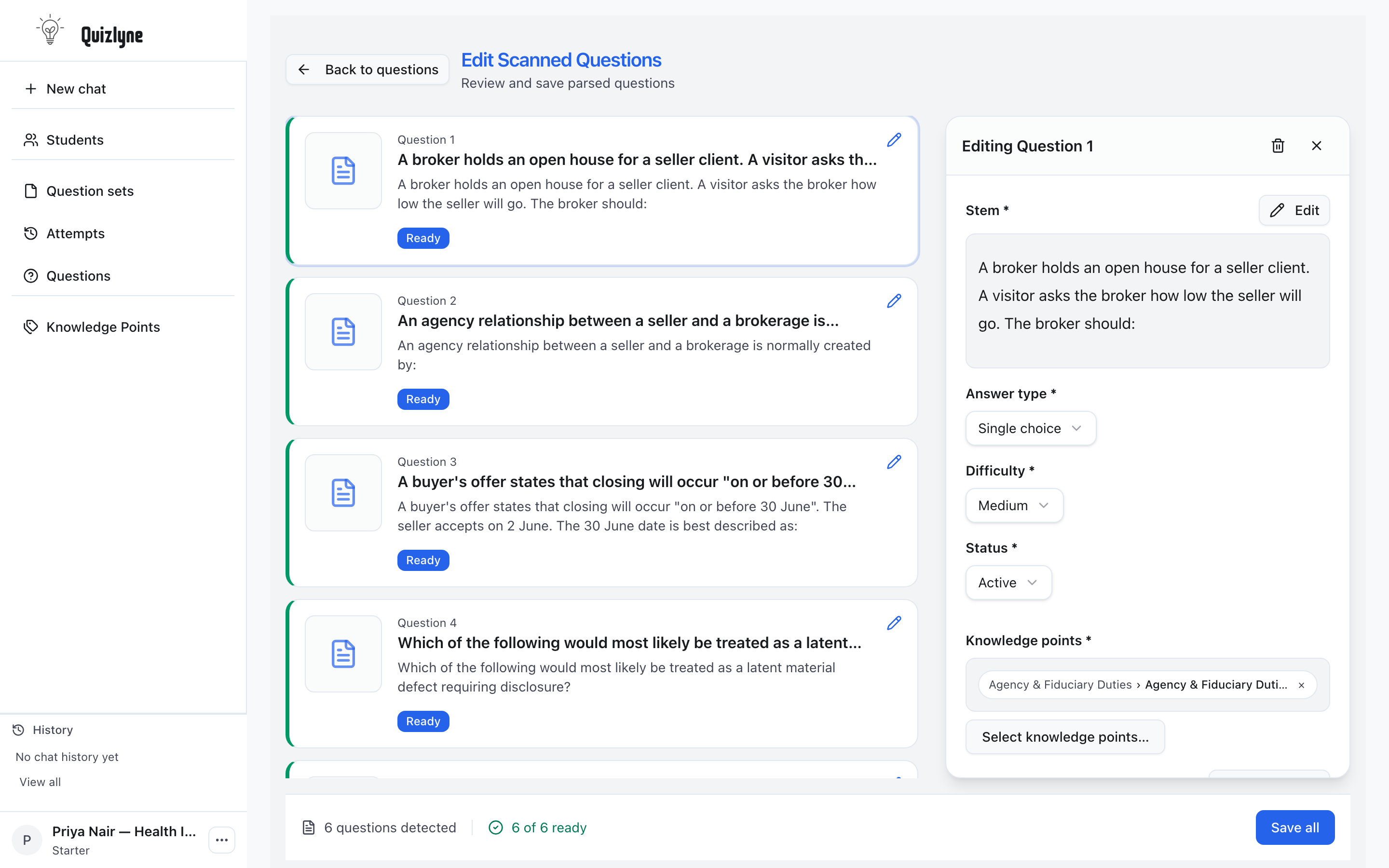 Extracted questions listed as editable drafts with stems, options, and answers