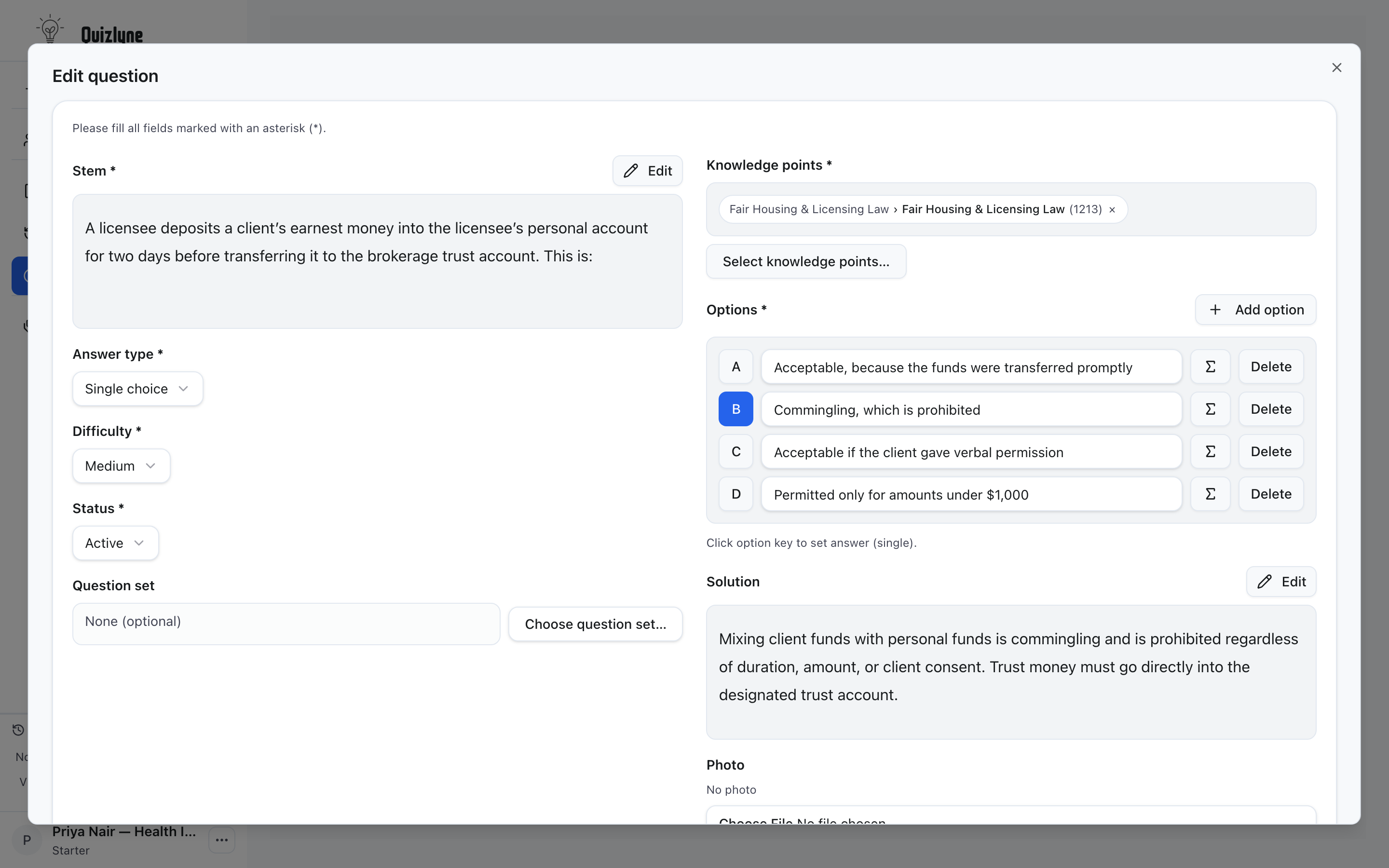 A question being edited and assigned to a knowledge point before publishing